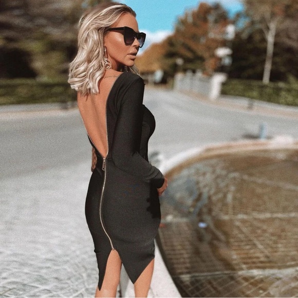 LONG SLEEVE ZIP BACK SLIT BODYCON BANDAGE MIDI DRESS - BLACK - Picture 11 of 17
